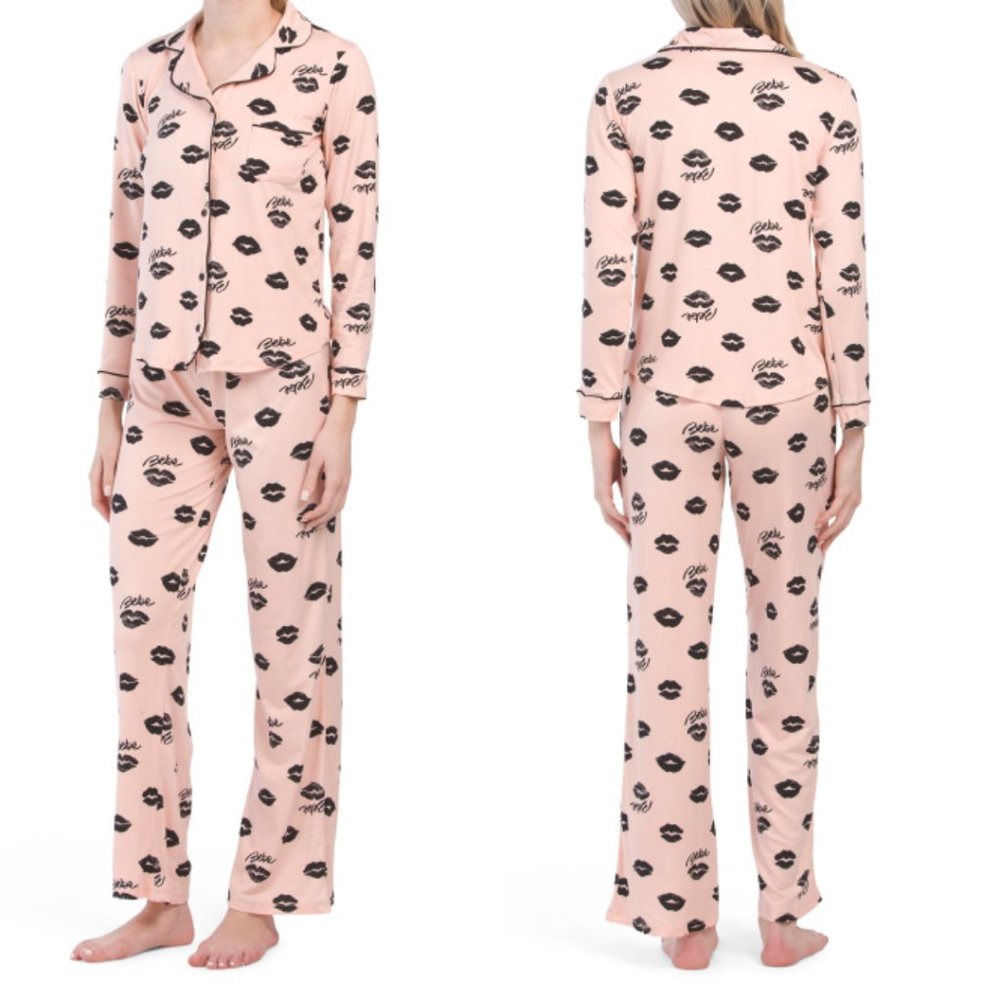 bebe Long Sleeve Lips Notch PJ Set - Large NWT